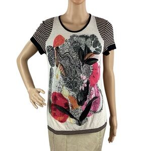 Aldomartins XS Abstract Floral Striped Sleeve Knit Top